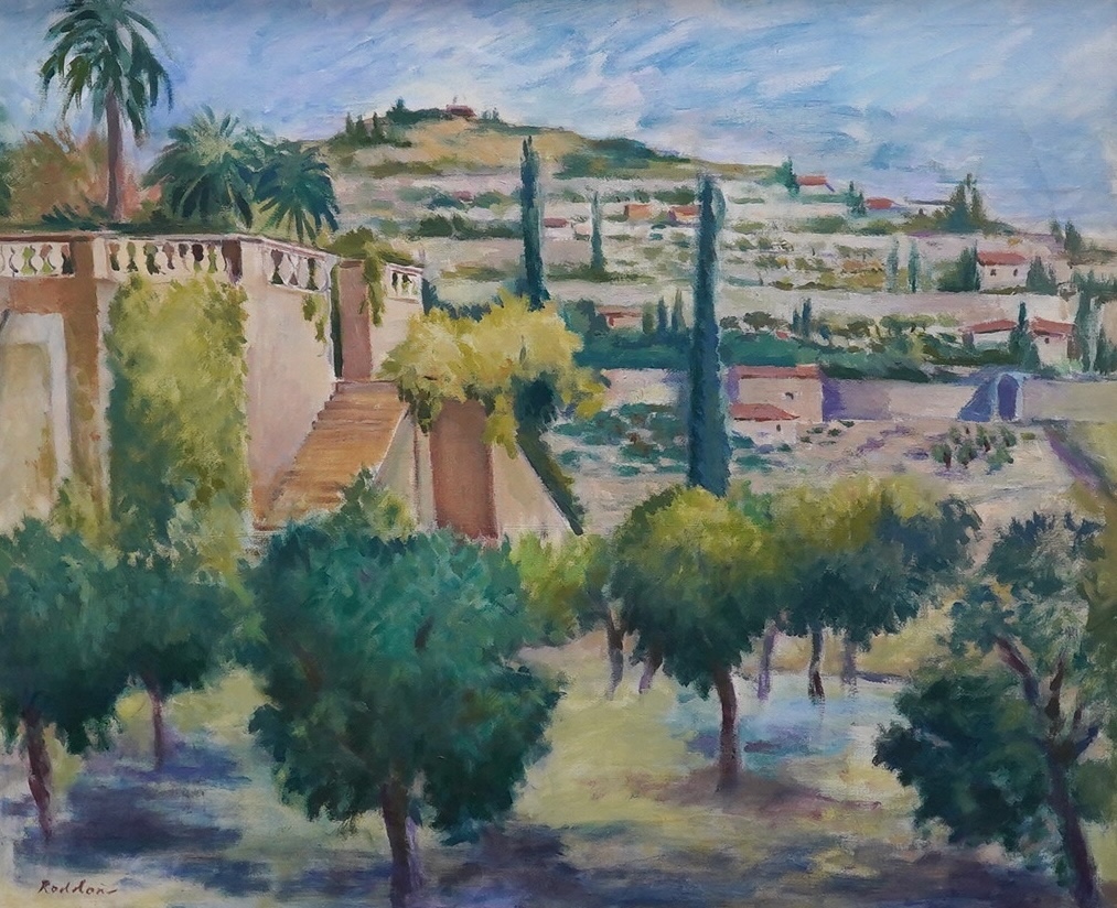 Guy Roddon (1919-2006), oil on canvas, Mediterranean landscape with trees and villas, signed, 63 x 75cm. Condition - good